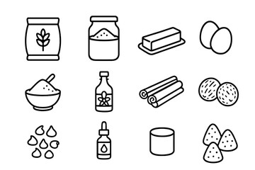 Festive Baking Icons. Outline icon set of festive baking ingredients: flour bag, sugar jar, butter stick, eggs