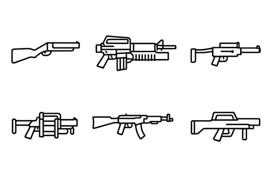 Grenade Launcher Icons. Outline icon set of grenade launcher historical models: M79, M203, AG36, Mk 19, Milkor MGL, GP-25, HK GMG,