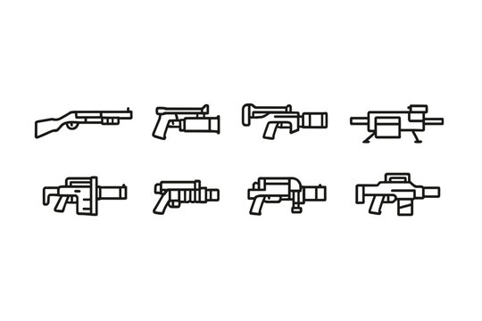 Grenade Launcher Icons. Outline icon set of grenade launcher historical models: M79, M203, AG36, Mk 19, Milkor MGL, GP-25, HK GMG,