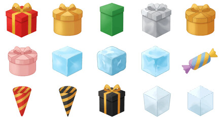 A collection of various colorful and patterned gift boxes and party favors, arranged in rows.