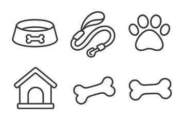 Pet care vector icons set with dog bowl, leash, paw print, dog house, and bones in line art style, cartoon illustration, transparent background, organized collection