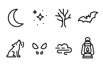 Fototapeta premium Haunted Night Icons. Outline icon set of haunted nighttime: crescent moon, starry sky, silhouette tree, flying bat, distant howl,