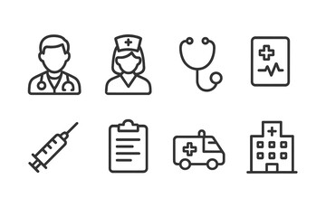 Healthcare Icon Set. Outline icon set of healthcare professionals: doctor, nurse, stethoscope, medical chart, syringe, clipboard,