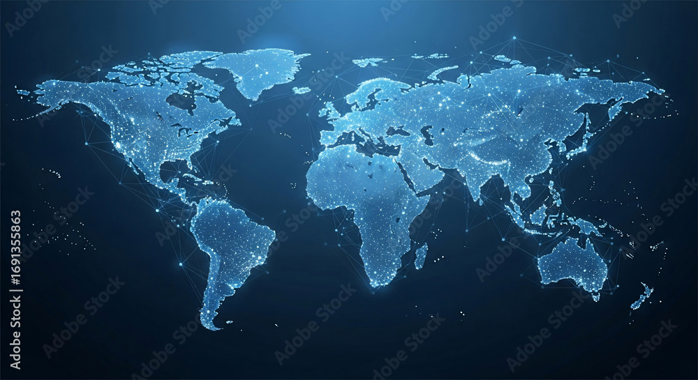 Poster abstract blue digital world map with glowing dots and interconnected lines, symbolizing a global net