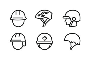 Fototapeta premium Helmet Icon Set. Outline icon set of helmet uses: construction site, cycling, firefighting, military combat, industrial work,
