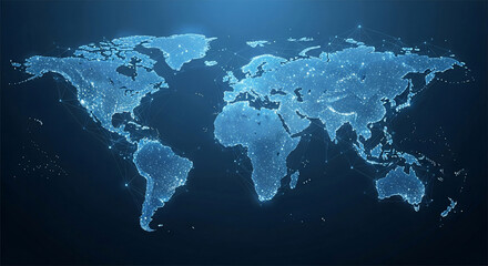 Abstract blue digital world map with glowing dots and interconnected lines, symbolizing a global network of data and communication