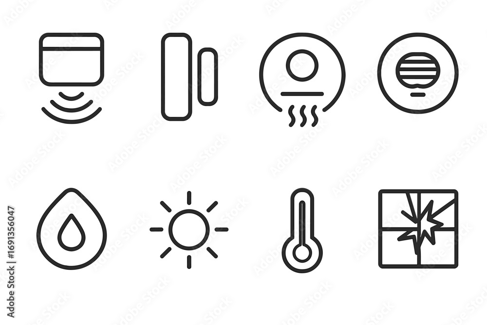 Poster home automation sensors. outline icon set of home automation sensors: motion detector, door sensor, 