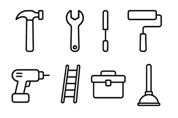 Home Tools Icons. Outline icon set of home maintenance tools: hammer, wrench, screwdriver, paint roller, drill, ladder, toolbox,