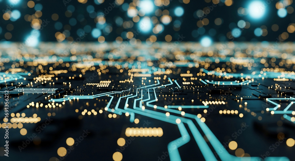 Poster abstract technological circuit board with glowing traces, suggesting ai, futuristic computing, and n
