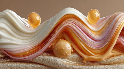 Abstract wavy background with orange spheres cream pink white and beige colors.