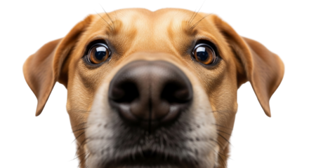 An adorable, wide-eyed dog peers directly at the camera with an intense, curious expression in a humorous close-up shot