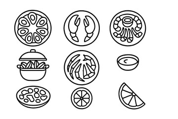 Shellfish Platter Icons. Outline icon set of shellfish platters: oyster tray, lobster claws, shrimp cocktail,