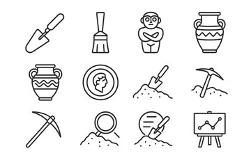 Naklejka premium Archaeological Icon Set. Outline icon set of archaeological time finds: excavation tool, brush, artifact,