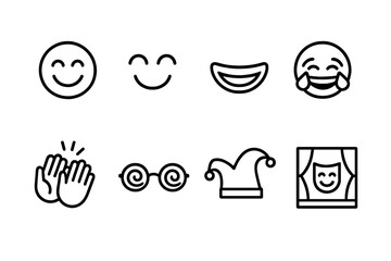 Joyful Icon Set. Outline icon set of happiness and humor: joyful face, smiling eyes, laughing mouth, tears of joy, applause hands,