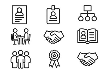 HR Icons Collection. Outline icon set of HR decisions: resume, employee badge, recruitment flowchart,
