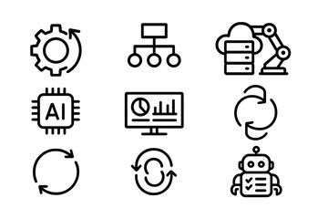 Workflow Automation Icons. Outline icon set of workflow automation: gear with arrow, digital flowchart, cloud