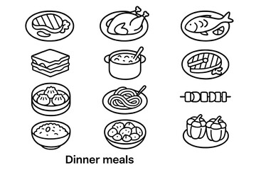 Dinner Meal Icons. Outline icon set of dinner meals: steak plate, roast chicken, baked fish, lasagna slice, curry pot, grilled