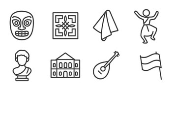 Cultural Icon Set. Outline icon set of art and cultural identity: mask, traditional pattern, fabric, dance