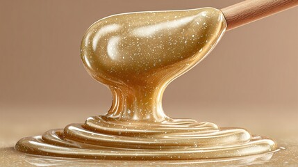 Golden honey dripping from a wooden stick onto a beige surface.