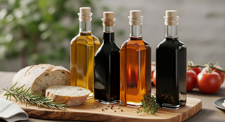 Close-up of various cooking oils and vinegars in elegant bottles, alongside artisan bread, rosemary, and tomatoes