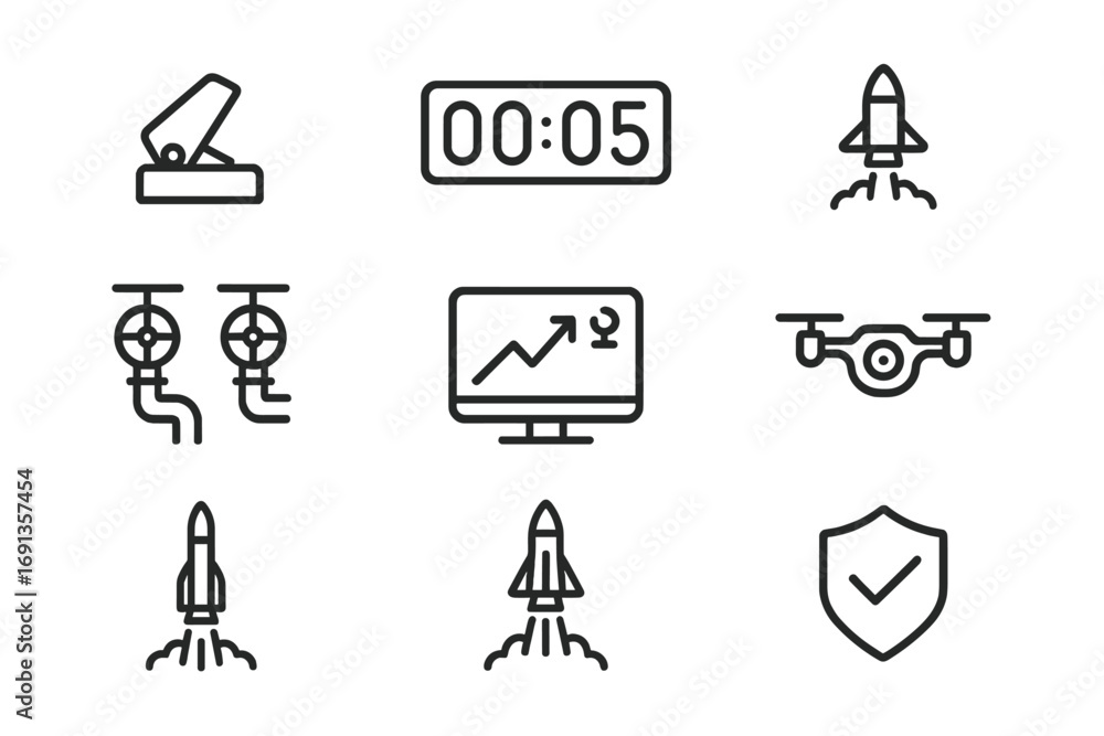 Poster launch sequence icons. outline icon set of launch sequence elements: ignition switch, countdown time