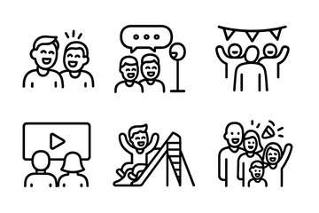 Laughter Icon Grid. Outline icon set of laughter social settings: friends laughing, group chat, stand-up comedy, party, movie