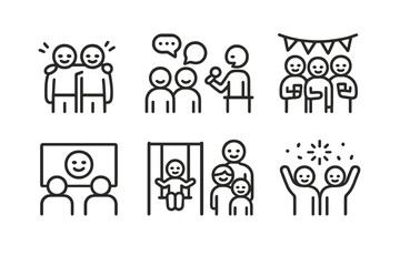Laughter Icon Grid. Outline icon set of laughter social settings: friends laughing, group chat, stand-up comedy, party, movie