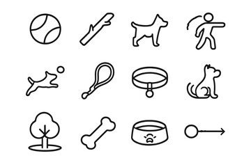 Dog Fetch Icons. Outline icon set of playing fetch with dog: ball, stick, dog silhouette, throw motion, catch, leash, collar,