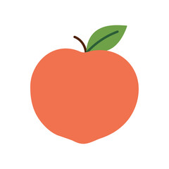 Fresh peach fruit illustration with green leaf and stem isolated on white background in minimal flat cartoon vector style