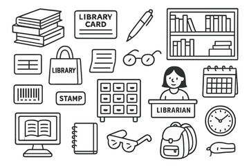 Library Essentials Icons. Hand-drawn doodle illustration Library books and cards book stack, checkout card, pen, library shelf,