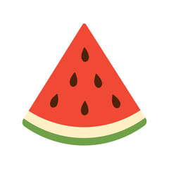 Slice of red watermelon fruit with black seeds illustration isolated on white background in flat cartoon vector style