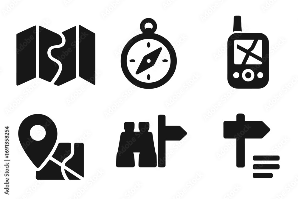 Poster map reading icon set. solid, filled icon set of map reading tools: folded map, compass, magnifying g