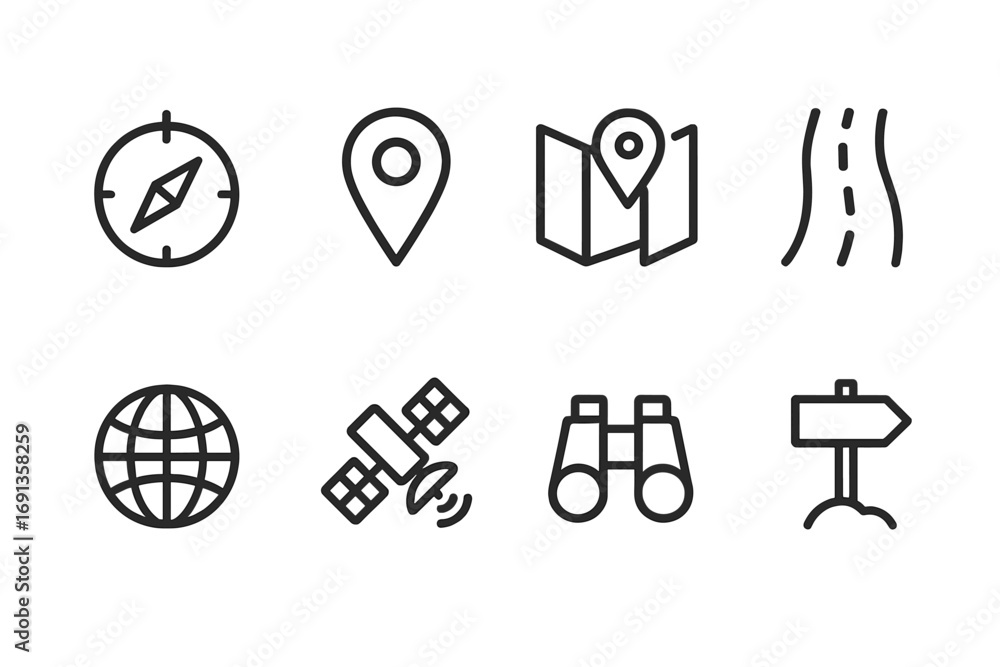 Poster mapping icon set. outline icon set of mapping and navigation: compass, gps pin, map, road, globe, sa