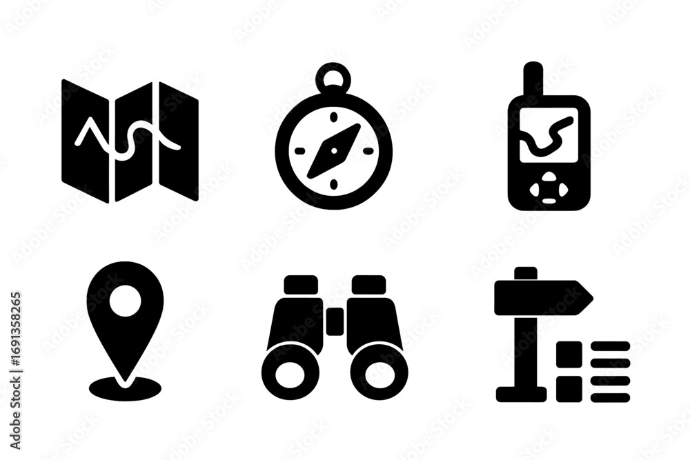 Poster map reading icon set. solid, filled icon set of map reading tools: folded map, compass, magnifying g