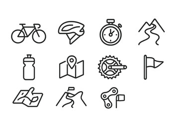 Fototapeta premium Cycling Challenge Icons. Outline icon set of cycling challenges: road bike, helmet, stopwatch, mountain path,
