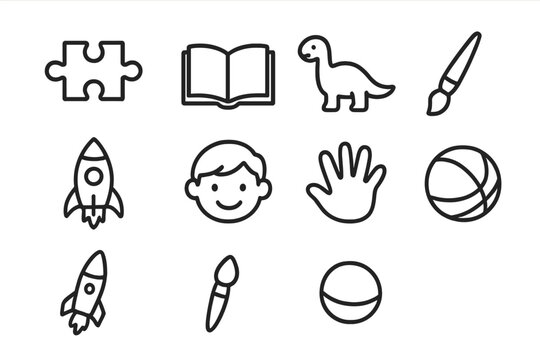 Children's Museum Icons. Outline icon set of children’s museum: puzzle piece, book, dinosaur, paintbrush,