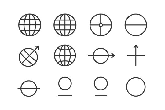 Earth Coordinates Icon Set. Outline icon set of Earth reference frames & coordinates: latitude lines, longitude lines, Prime