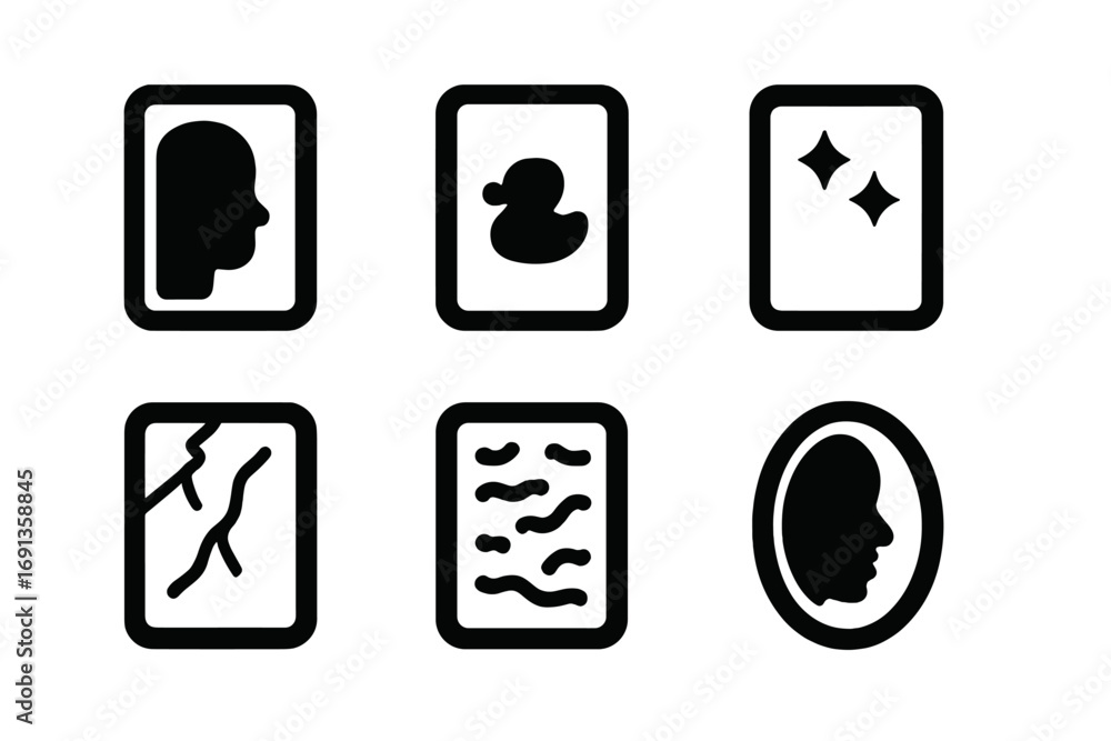 Poster mirror reflection icons. solid, filled icon set of mirror reflections: face reflection, object refle