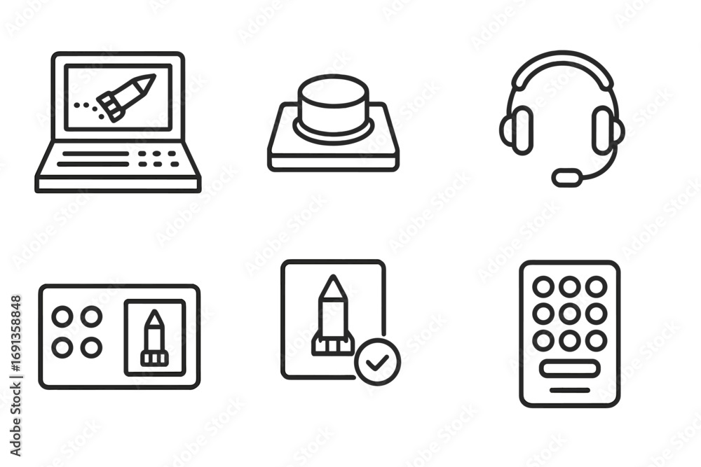 Poster missile control icons. outline icon set of missile launch control: command console, launch button, e