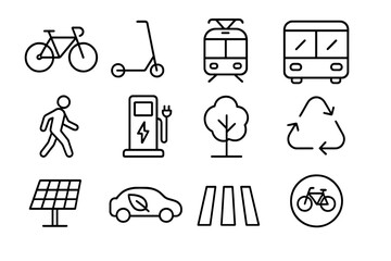 Fototapeta premium Eco Urban Travel Icons. Outline icon set of eco-friendly urban travel: bicycle, electric scooter, tram, bus, pedestrian, charging