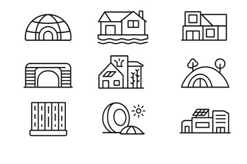 Fototapeta premium Eco-Building Icon Set. Outline icon set of future eco-buildings: dome house, floating house, modular prefab, container house, 3D