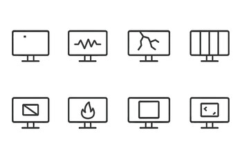 Monitor and Printer Icons. Outline icon set of monitor issues: dead pixels, screen flicker, cracked screen, color distortion, no
