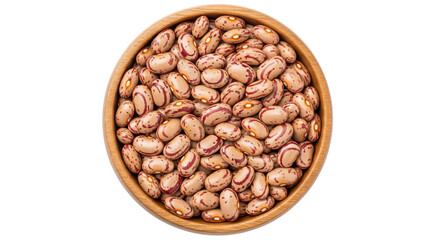 Overhead close-up shot of a wooden bowl filled with pinto beans on a white background. These beans are a common ingredient in many cuisines