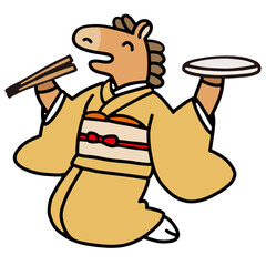 2026年着物で食事をする馬のイラスト