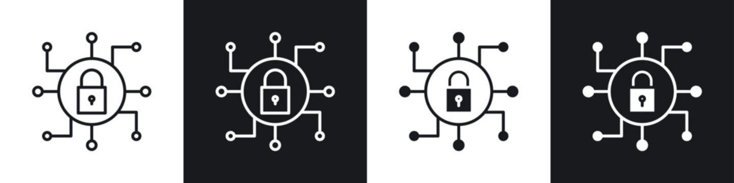 Cyber security icons collection in black and white filled and line versions
