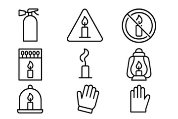 Candle Safety Icons. Outline icon set of candle safety: extinguisher, warning triangle, no flame symbol,