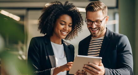 Smiling business colleagues collaborating on a tablet in an office environment. Happy diverse professionals looking at a digital device