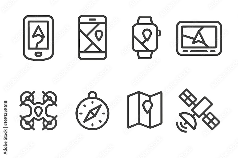 Poster navigation device icons. outline icon set of map navigation devices: gps device, smartphone with map
