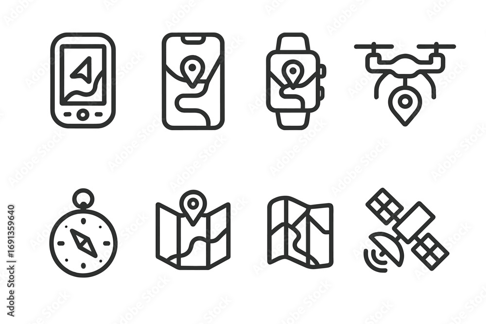 Poster navigation device icons. outline icon set of map navigation devices: gps device, smartphone with map