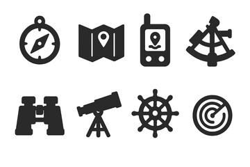 Navigation Tools Icons. Solid, filled icon set of navigation tools: compass, map, GPS device, sextant, binoculars, telescope,